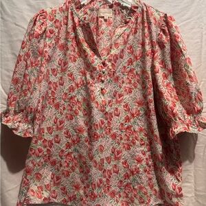 MELLODAY Red and Green Floral Blouse Size Medium
